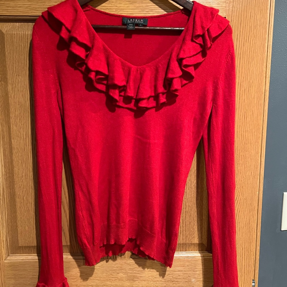 Ralph Lauren Red Silk/Cashmere Ruffled Blouse